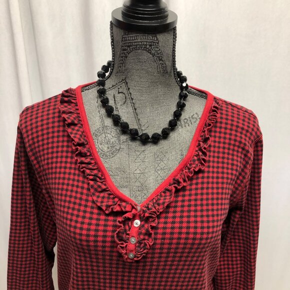 Chaps Womens Top Sz 1X Red Black Houndstooth Long Sleeve Ruffled V-Neck Pullover - Picture 2 of 8